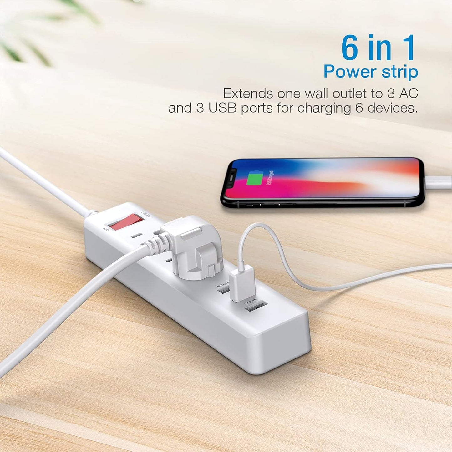 Power Strip 3 Outlets with 3 Fast Charging USB Ports, 5Ft Extension Cord with USB Ports (5V/2.4AX3) for Indoor,1625W/13A (1 PCS)