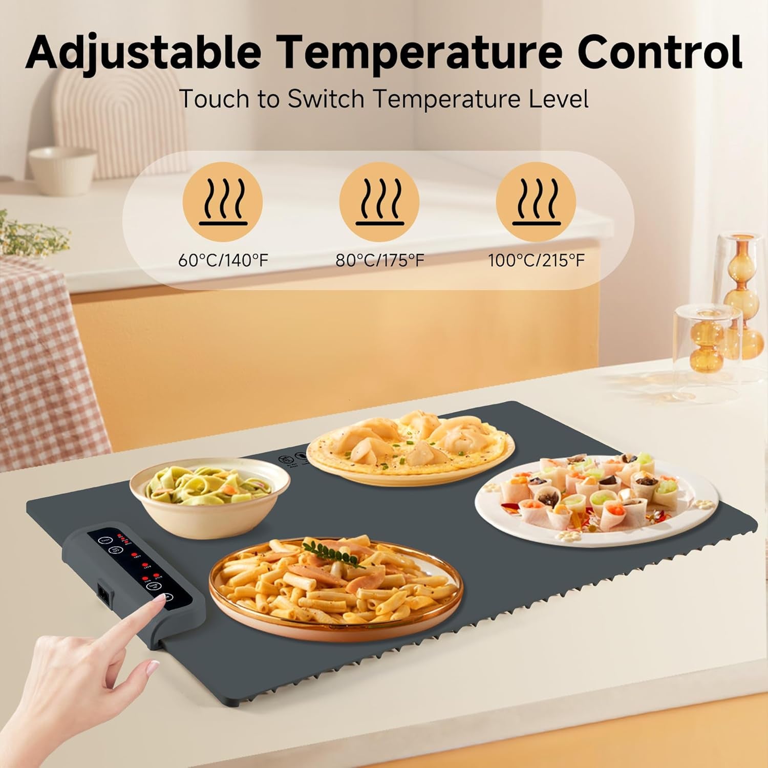 Food Warming Mat-Foldable Electric Warming Mat for Food Sillicon Food Warmer with Adjustable Temperature Control Time Moders Locking Function Warming Tray for Buffet,Party Dark Grey