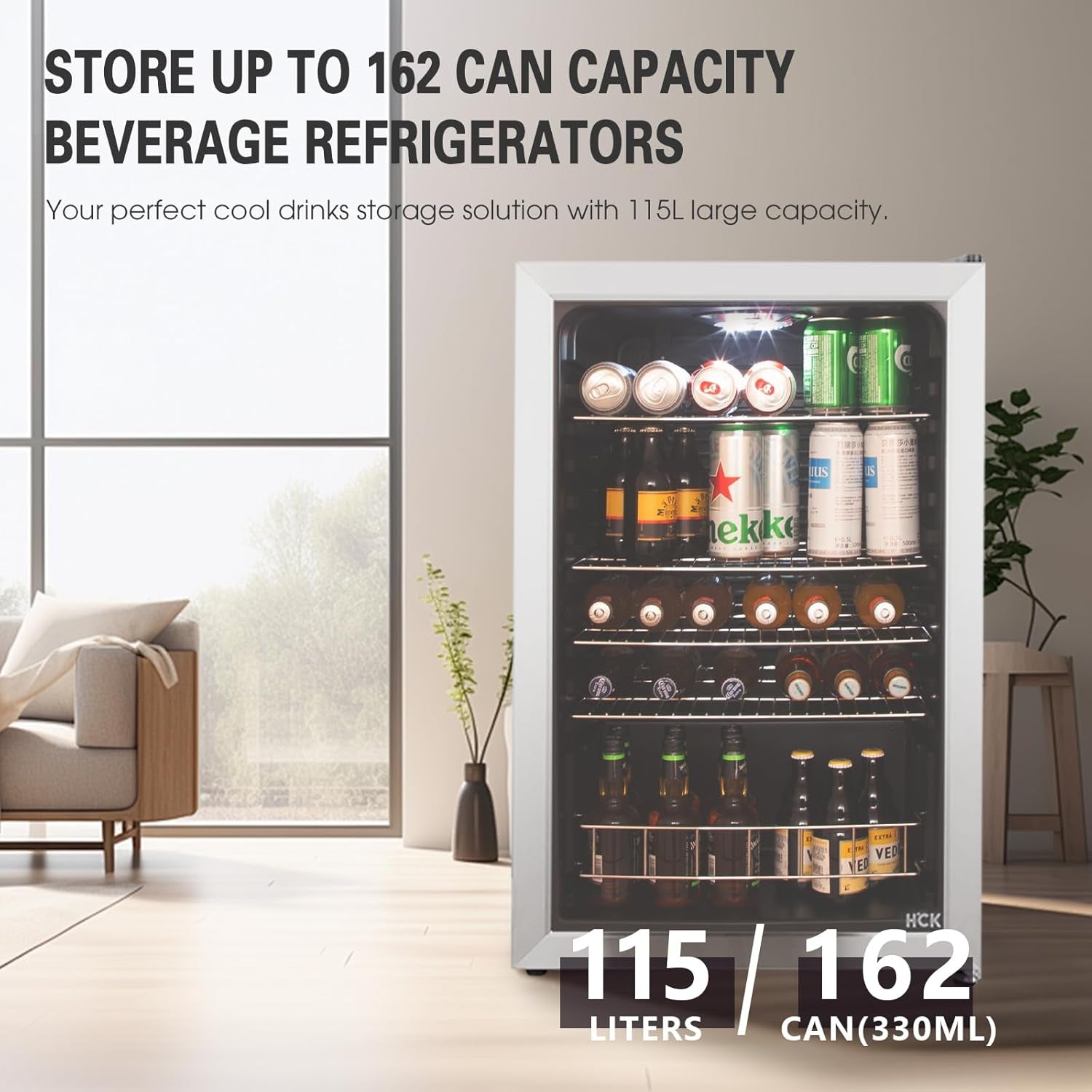 Beer Fridge 115L Freestanding Beverage Refrigerator with Double Glazed Glass Door, Temperature from 0 to 10℃, Energy Class D