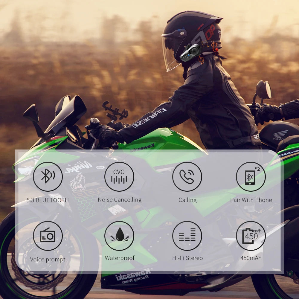 Bluetooth 5.3 Motorcycle Helmet Headset Waterproof Wireless Hands-Free Call Phone Earphone Music Player for Moto Helmet