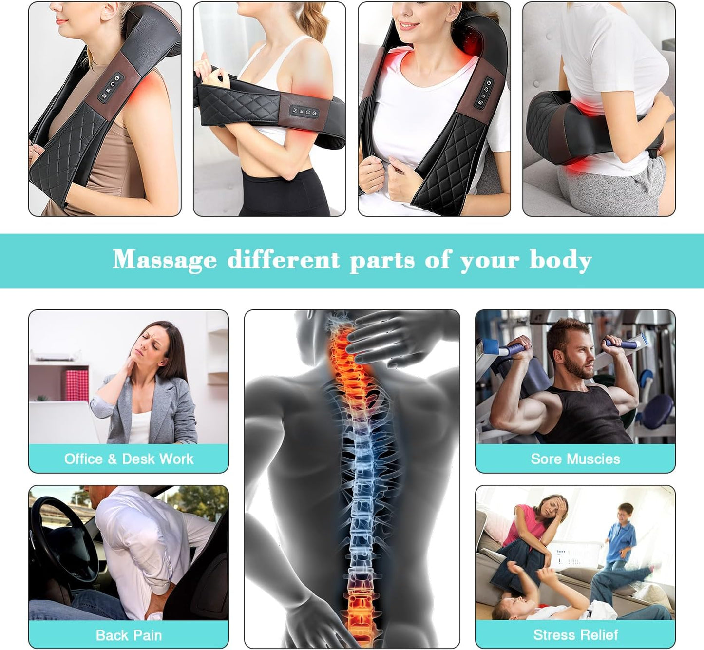 Shiatsu Back, Shoulder, and Neck Massager with Heat - Electric Deep Tissue 4D Kneading Massager for Pain Relief - Ideal Gift for Men, Women, Parents - Suitable for Home, Office, and Car Use by Sertex