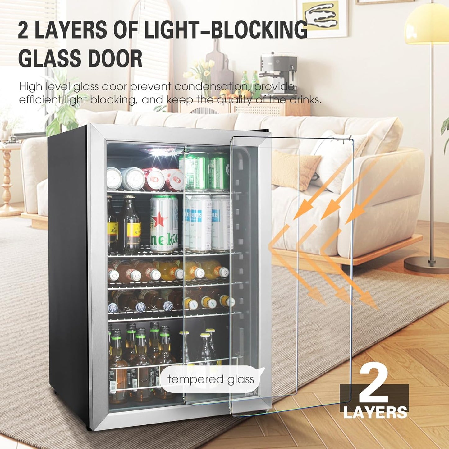 Beer Fridge 115L Freestanding Beverage Refrigerator with Double Glazed Glass Door, Temperature from 0 to 10℃, Energy Class D