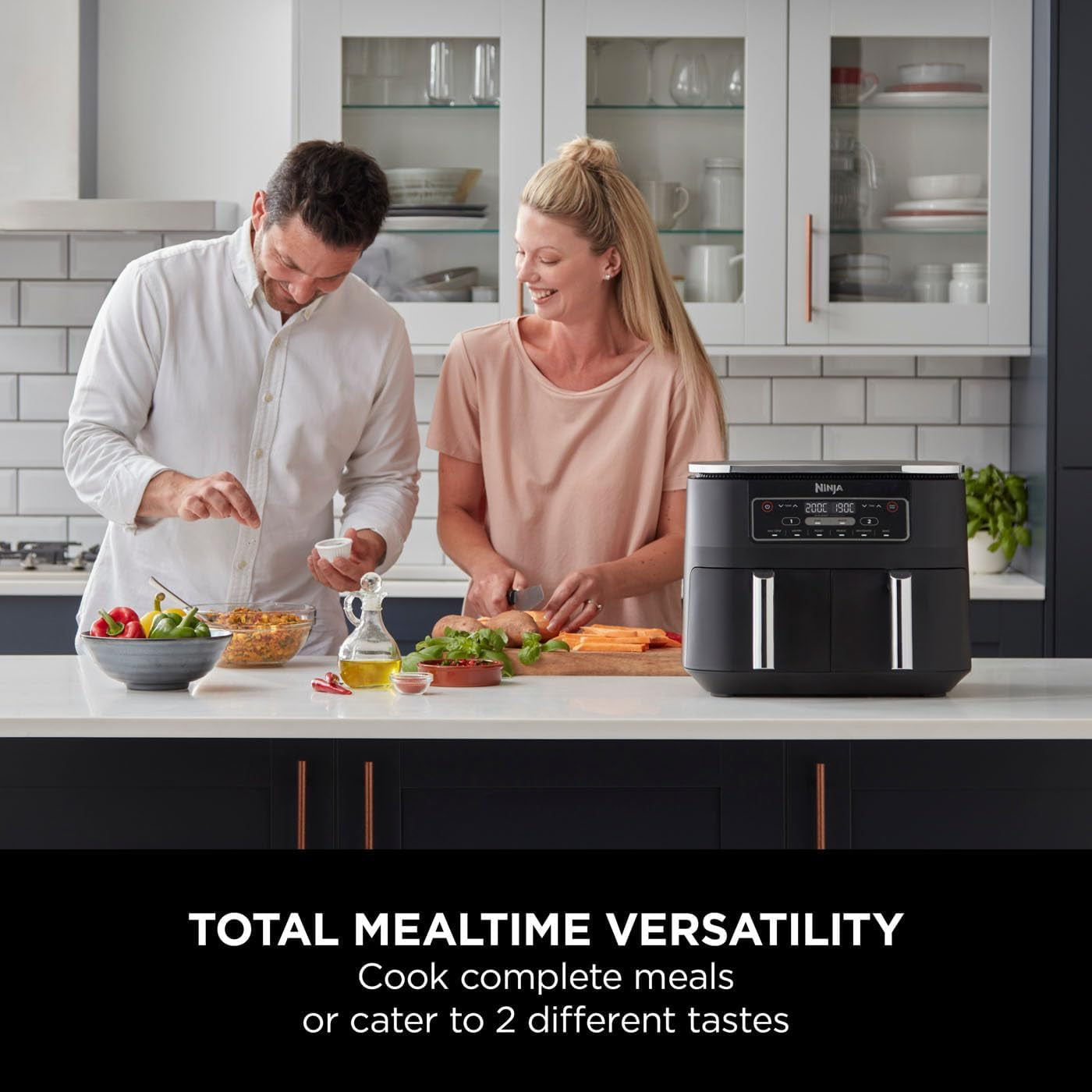 Foodi Dual Zone Digital Air Fryer, 2 Drawers, 7.6L, 6-In-1, Uses No Oil, Air Fry, Max Crisp, Roast, Bake, Reheat, Dehydrate, Cooks 4-6 Portions, Non-Stick, Dishwasher Safe Baskets, Black AF300UK