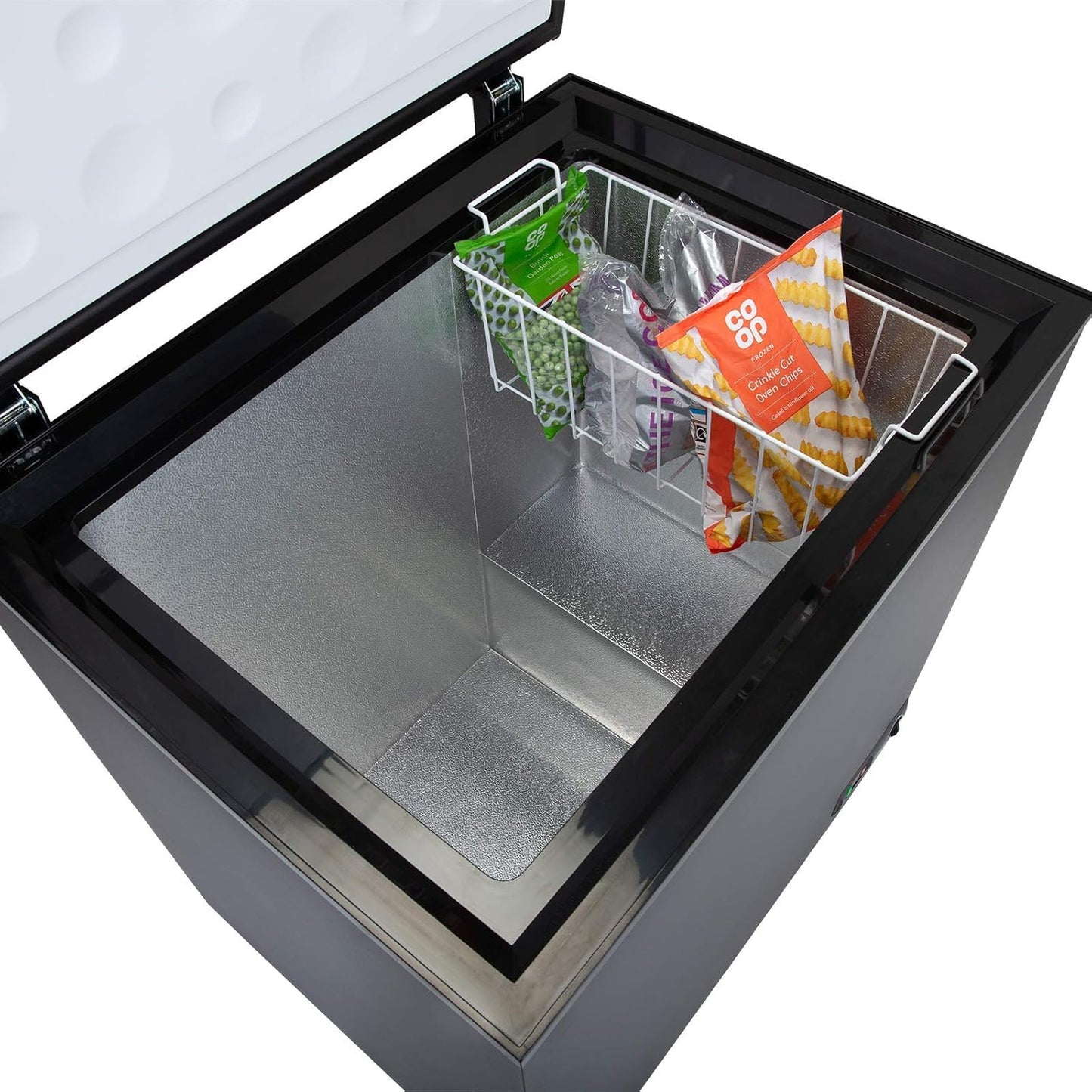 CHF200B-AMZ1 Black Freestanding Large Chest Freezer, 201L Capacity, 89.5Cm Wide, 4* Freezer Rating, 7 Temperature Settings, E Rated, 2 Years Parts and Labour Guarantee