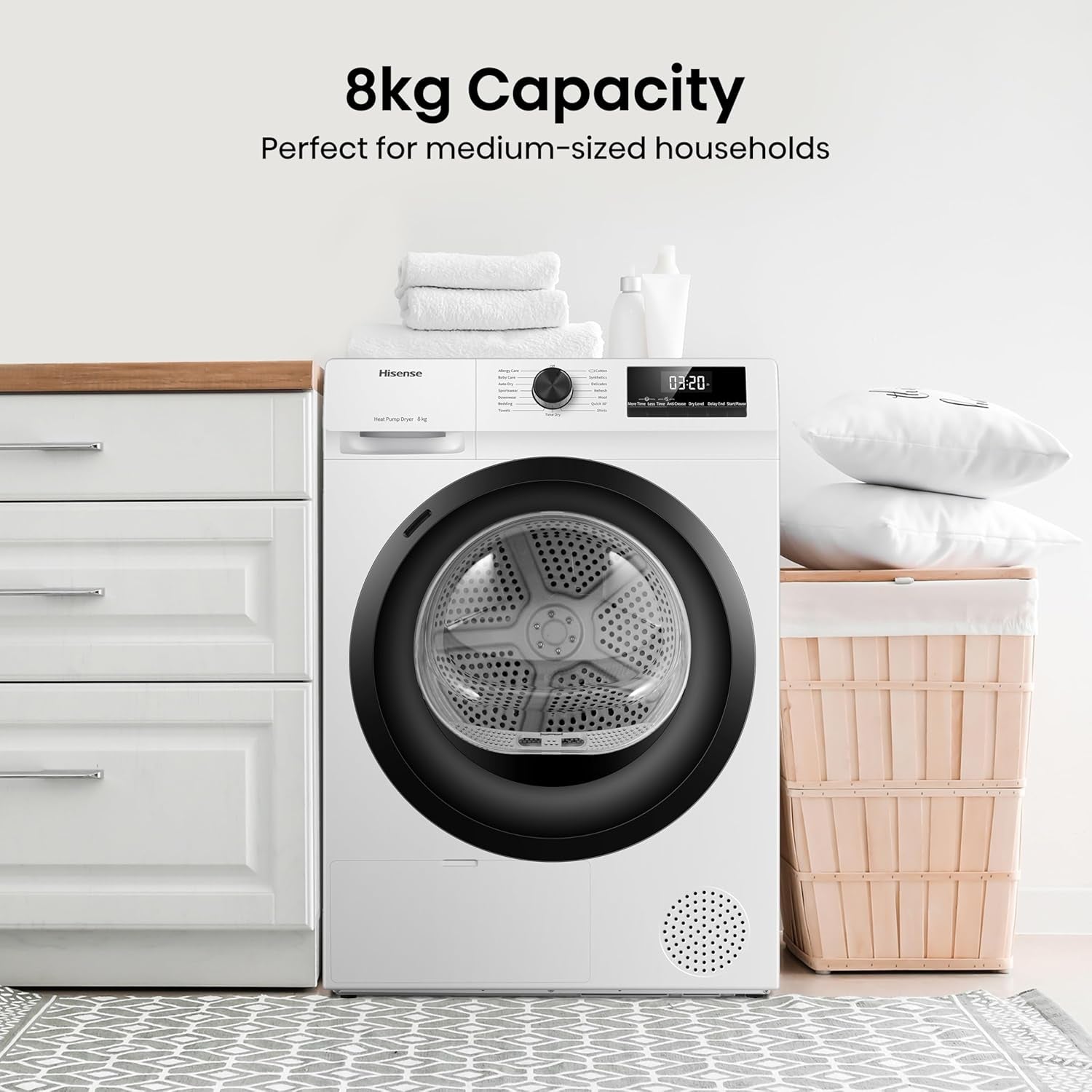 DH1Q802BW2 60Cm Freestanding 8 KG Heatpump Front Load Tumble Dryer, 16 Programmes, Auto Dry, Steam Refresh, Allergy Care - White