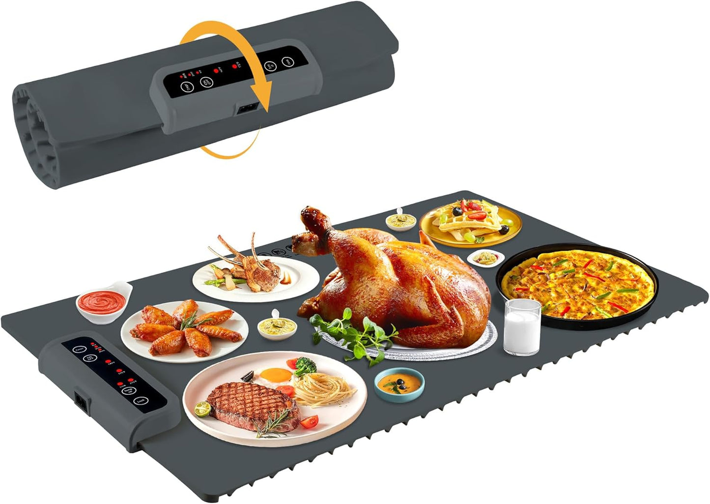 Food Warming Mat-Foldable Electric Warming Mat for Food Sillicon Food Warmer with Adjustable Temperature Control Time Moders Locking Function Warming Tray for Buffet,Party Dark Grey