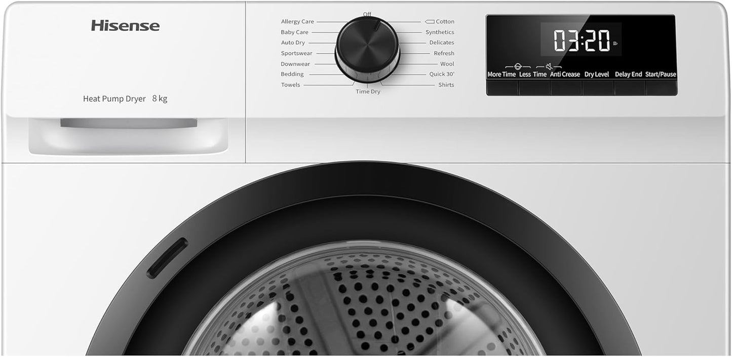 DH1Q802BW2 60Cm Freestanding 8 KG Heatpump Front Load Tumble Dryer, 16 Programmes, Auto Dry, Steam Refresh, Allergy Care - White