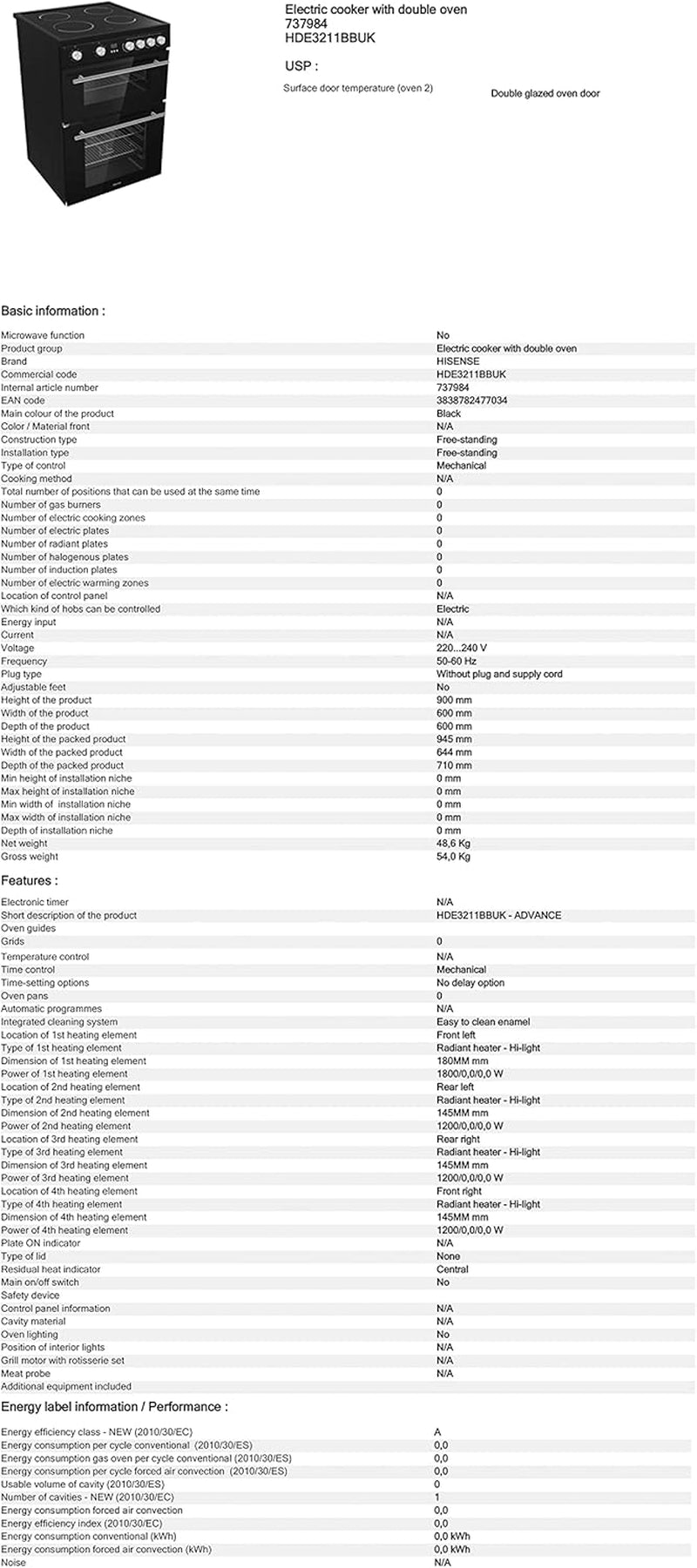 HDE3211BBUK 60Cm Electric Cooker with Ceramic Hob-Black , a Rated Double Oven