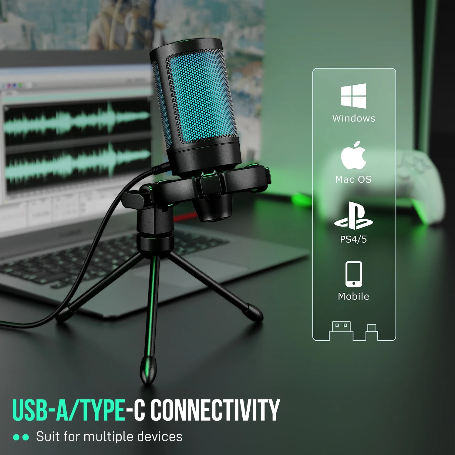 by FIFINE RGB USB Gaming Microphone with Light-Touch Mute,Condenser Mic with Tripod for Pc,Ps4/5,Laptop Streaming-A2