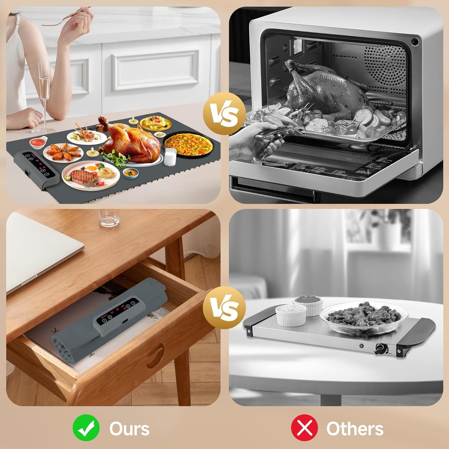 Food Warming Mat-Foldable Electric Warming Mat for Food Sillicon Food Warmer with Adjustable Temperature Control Time Moders Locking Function Warming Tray for Buffet,Party Dark Grey