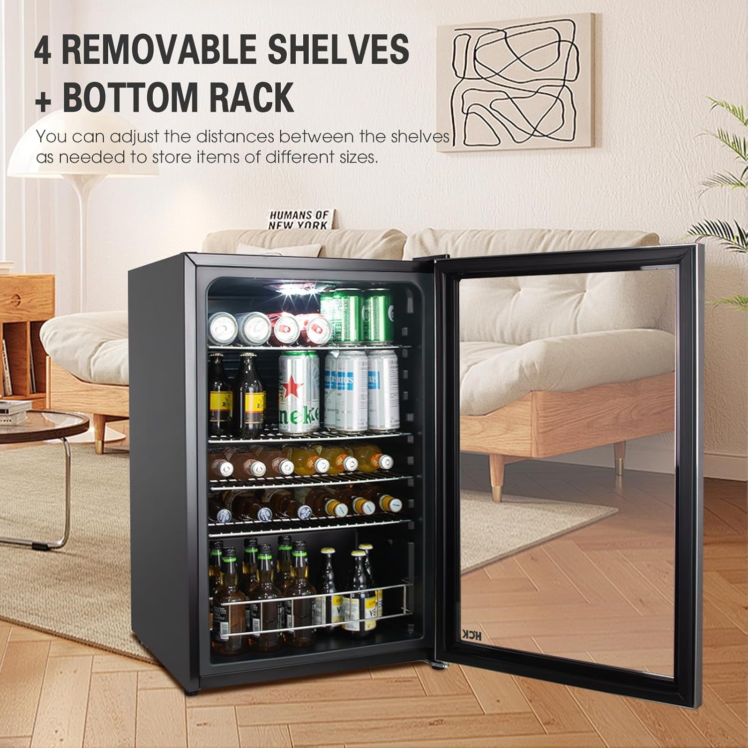 Beer Fridge 115L Freestanding Beverage Refrigerator with Double Glazed Glass Door, Temperature from 0 to 10℃, Energy Class D