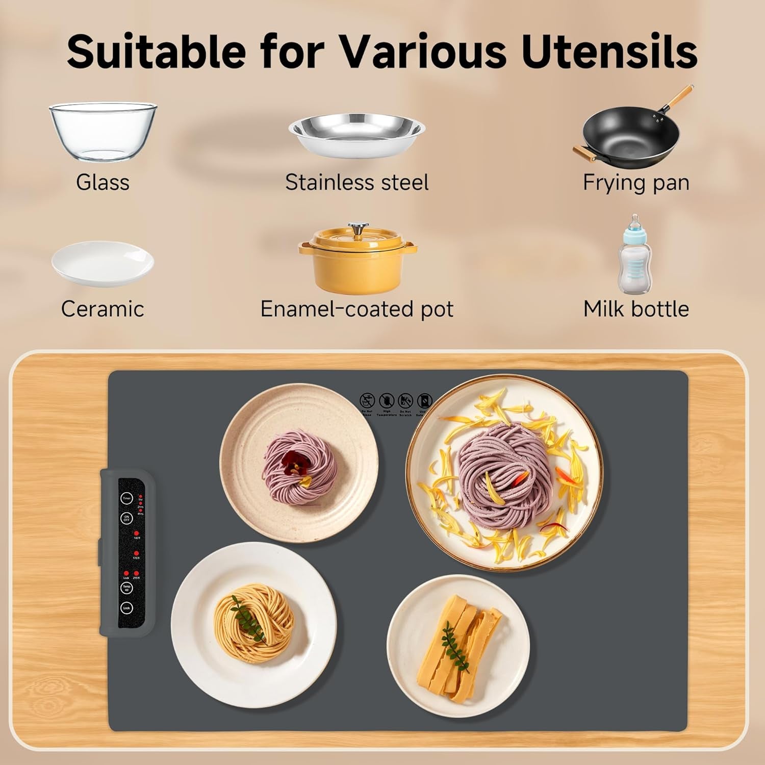 Food Warming Mat-Foldable Electric Warming Mat for Food Sillicon Food Warmer with Adjustable Temperature Control Time Moders Locking Function Warming Tray for Buffet,Party Dark Grey