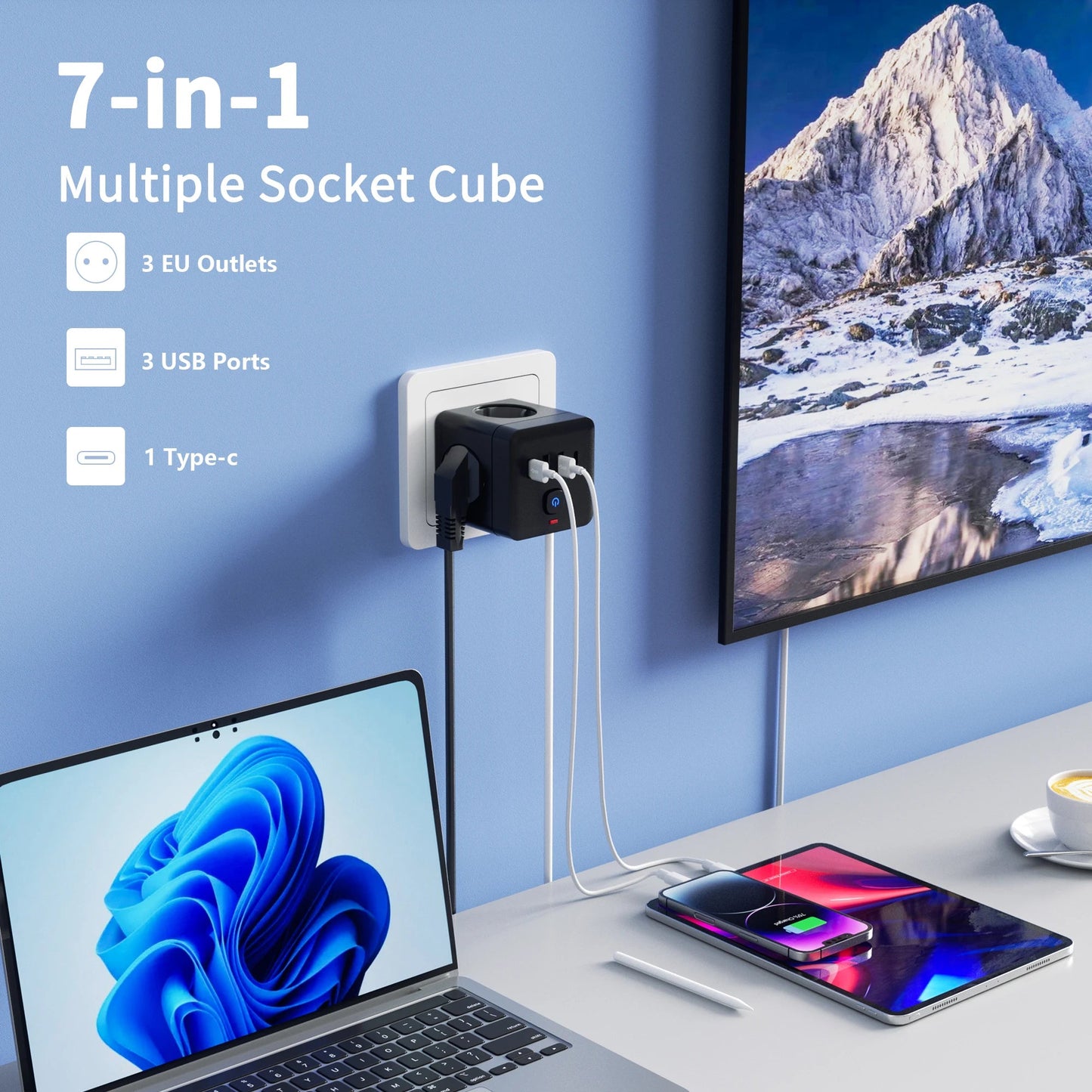 7-in-1 EU Power Strip, Power Strip Surge Protector 3 AC Outlets 3 USB 1 Type-C, Desktop Charging Station With Overload Protecti Sertex