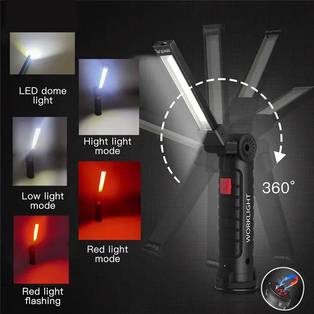 COB LED Work Light Dimmable USB Rechargeable LED Flashlight Inspection Lamp With Magnetic Hook Power Bank 18650 Battery Torch Sertex