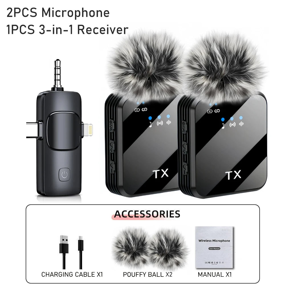 3in1 Wireless Lavalier Microphone for Camera,iPhone,Android,Microphone for Video Recording Recording Podcast Noise Reduction mic Sertex