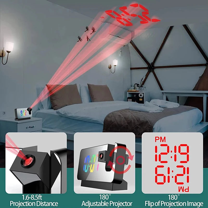 Projection Alarm Clock Desk Clock with Large Color LED Display Rotatable Ceiling/Wall Projector for Bedroom Office Bathroom Sertex
