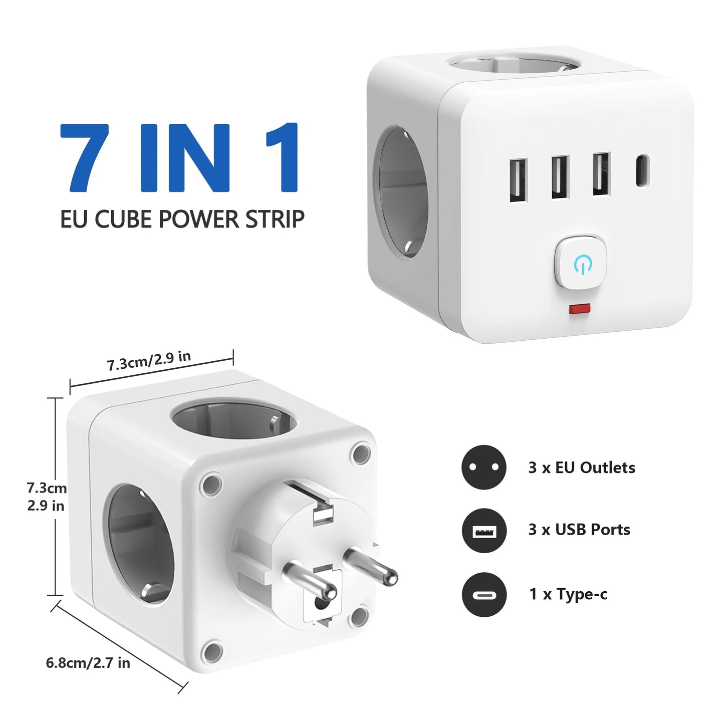 7-in-1 EU Power Strip, Power Strip Surge Protector 3 AC Outlets 3 USB 1 Type-C, Desktop Charging Station With Overload Protecti Sertex