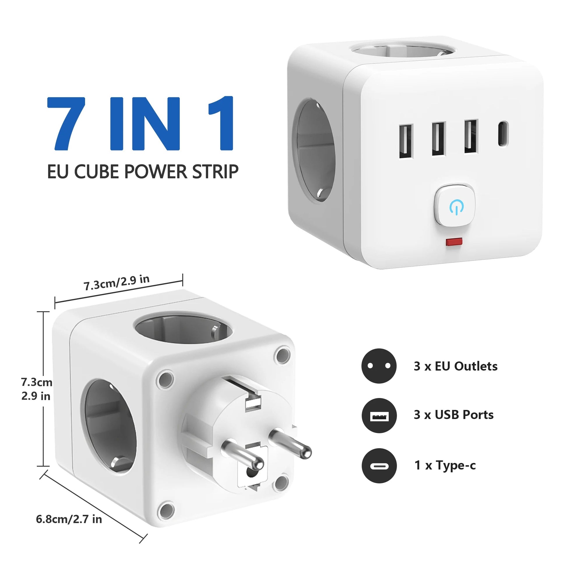 7-in-1 EU Power Strip, Power Strip Surge Protector 3 AC Outlets 3 USB 1 Type-C, Desktop Charging Station With Overload Protecti Sertex