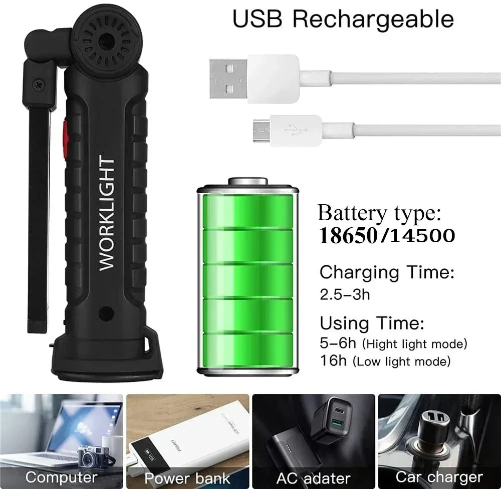 COB LED Work Light Dimmable USB Rechargeable LED Flashlight Inspection Lamp With Magnetic Hook Power Bank 18650 Battery Torch Sertex