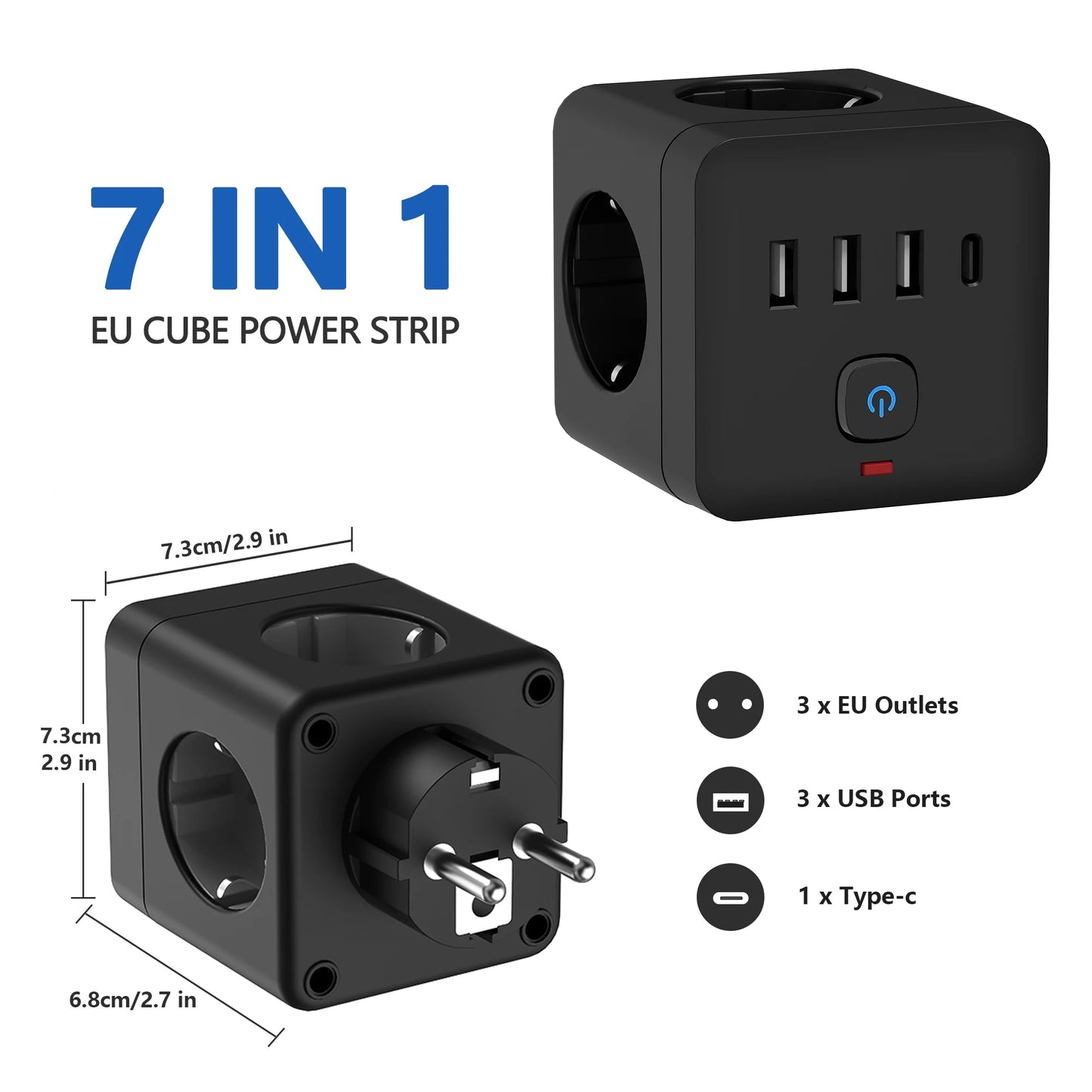 7-in-1 EU Power Strip, Power Strip Surge Protector 3 AC Outlets 3 USB 1 Type-C, Desktop Charging Station With Overload Protecti Sertex
