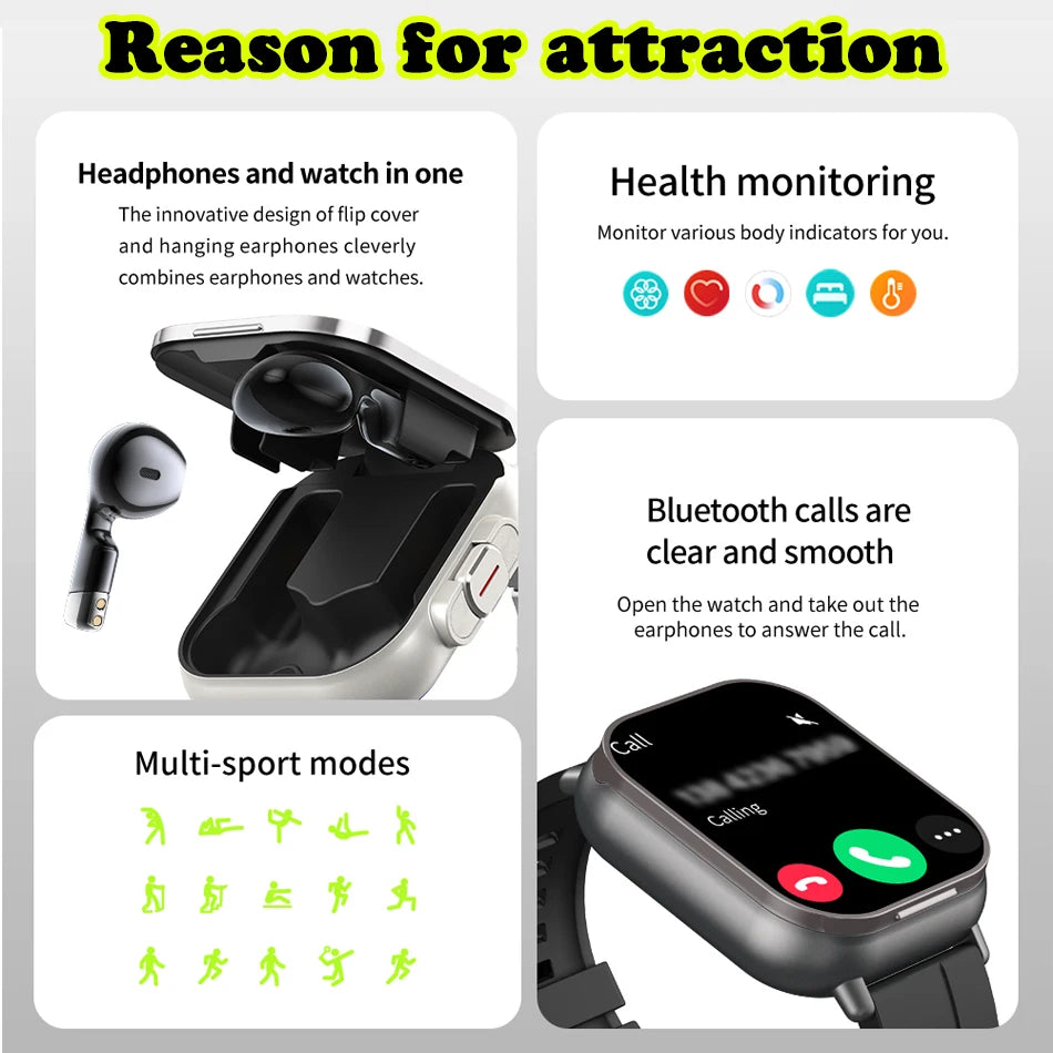 2024 Smart Watch 2 in 1 With Earphone Smartwatch Bluetooth Call Men Watch GPS Track Heart Rate Monitor Play Music SmartWatch Sertex
