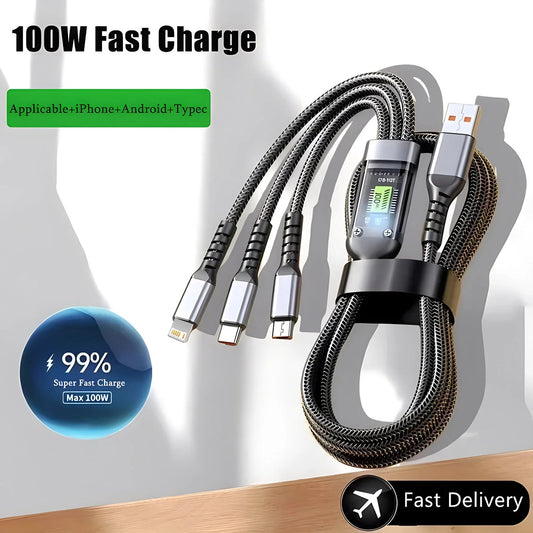 100W Fast Charging Cable Multi Charger Cable Nylon Braided Multiple USB Universal 3 in 1 Charging Cord Adapter with Type-C Micro Sertex
