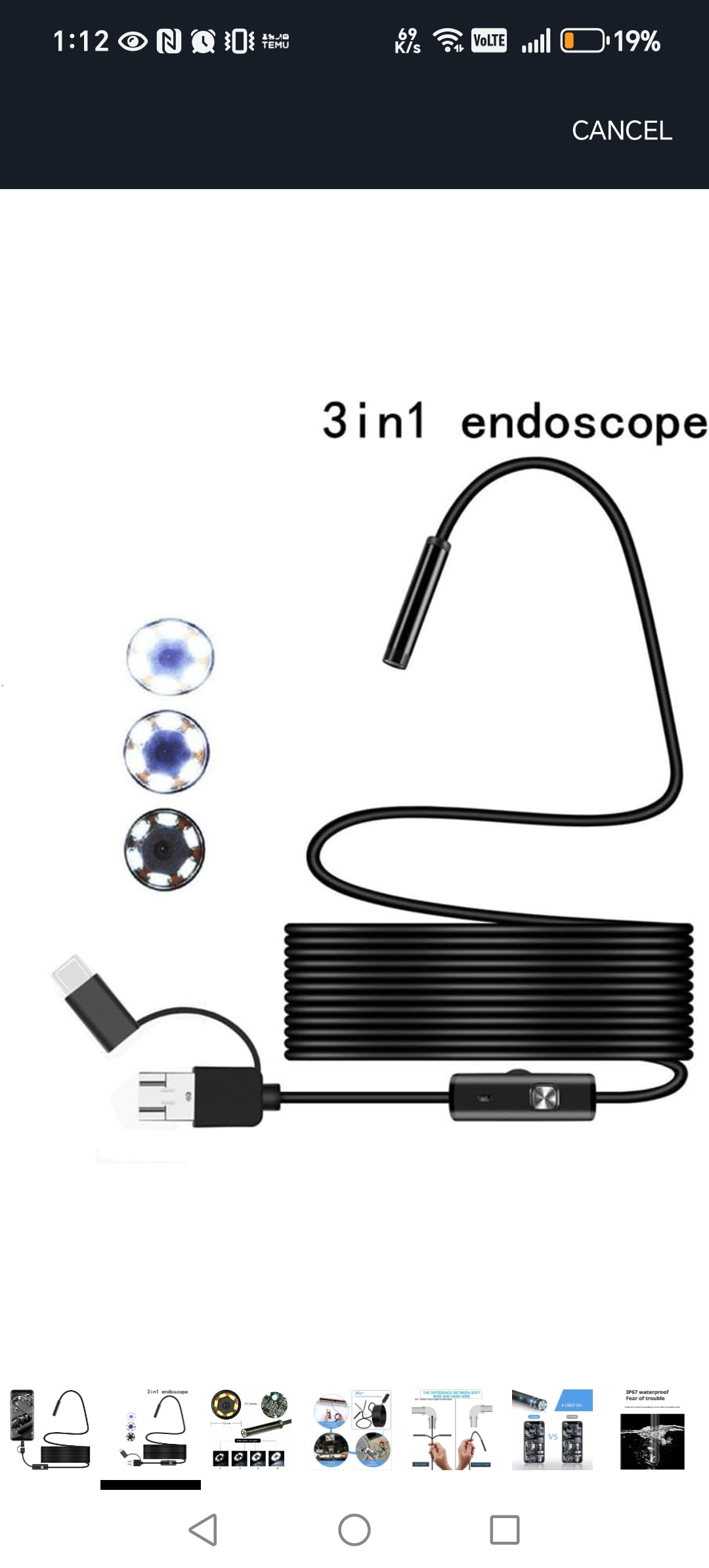 7.0MM TYPE-C Endoscope Camera IP67 Waterproof 6 Leds Adjustable USB Android Flexible Inspection Borescope Cameras for Phone PC Sertex