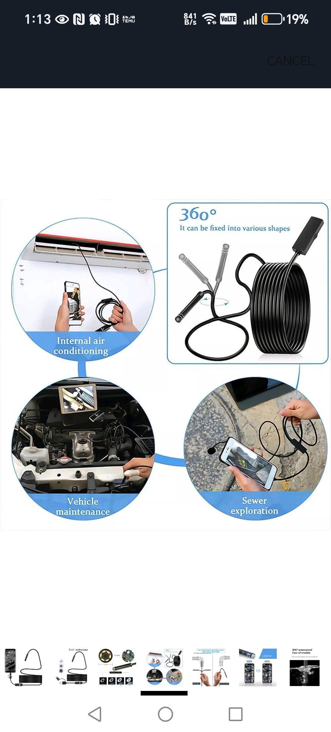 7.0MM TYPE-C Endoscope Camera IP67 Waterproof 6 Leds Adjustable USB Android Flexible Inspection Borescope Cameras for Phone PC Sertex