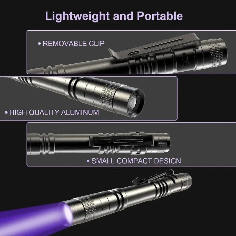 UV Flashlight 395nm Ultraviolet Torch With Pen Clip Portable AAA Batteries Used Violet Light Pet Urine Scorpion Detector UV Lamp Sertex