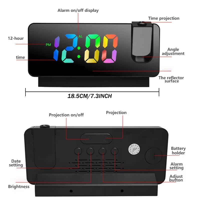 Projection Alarm Clock Desk Clock with Large Color LED Display Rotatable Ceiling/Wall Projector for Bedroom Office Bathroom Sertex