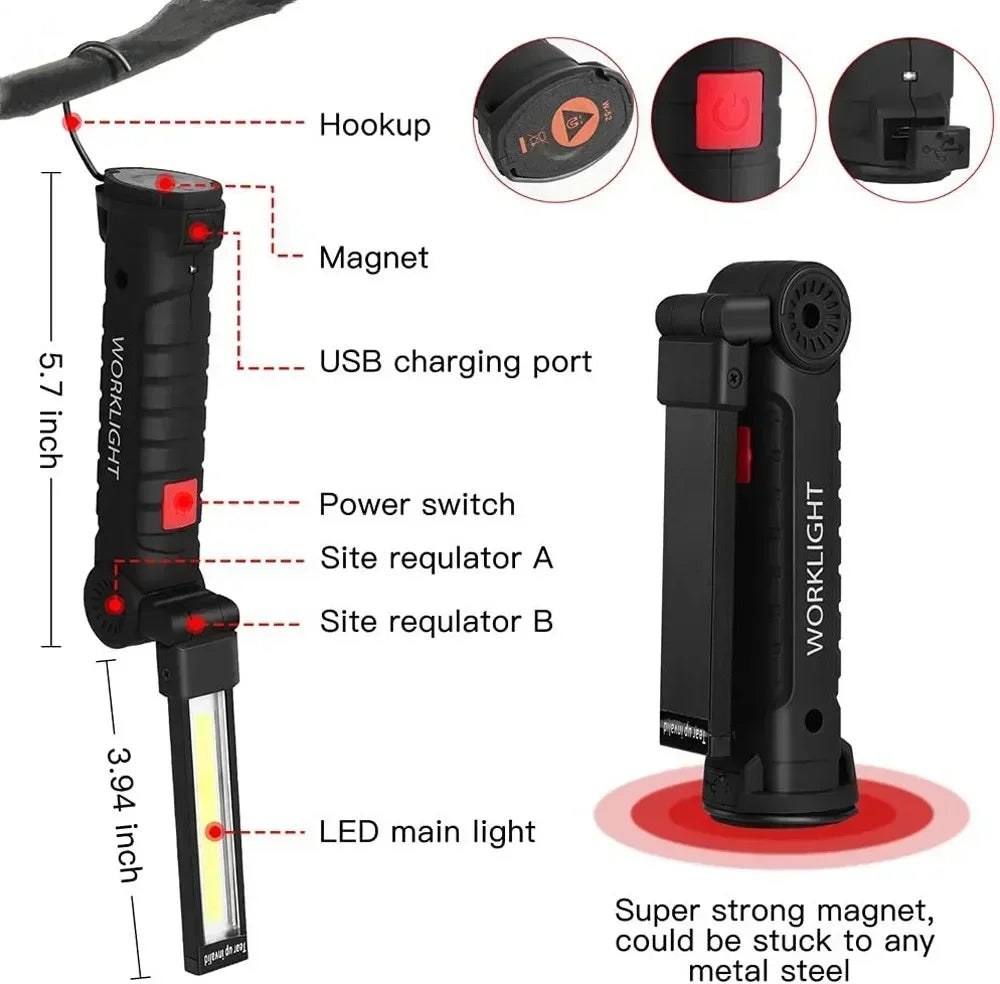 COB LED Work Light Dimmable USB Rechargeable LED Flashlight Inspection Lamp With Magnetic Hook Power Bank 18650 Battery Torch Sertex