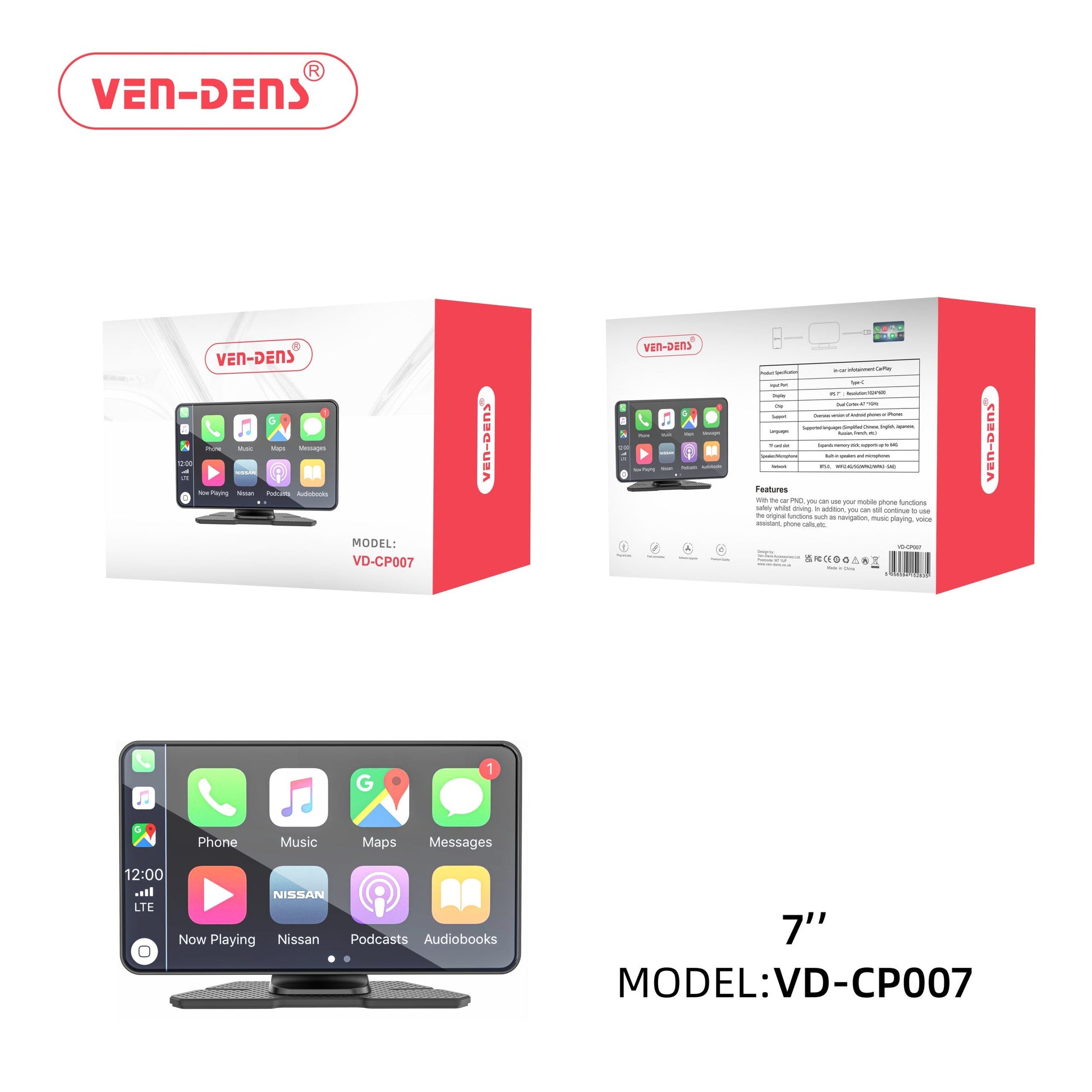 Ven Dens VD-CP007 in-car infotainment CarPlay Type-C IPS 7″ Display AIOX ONLINE
