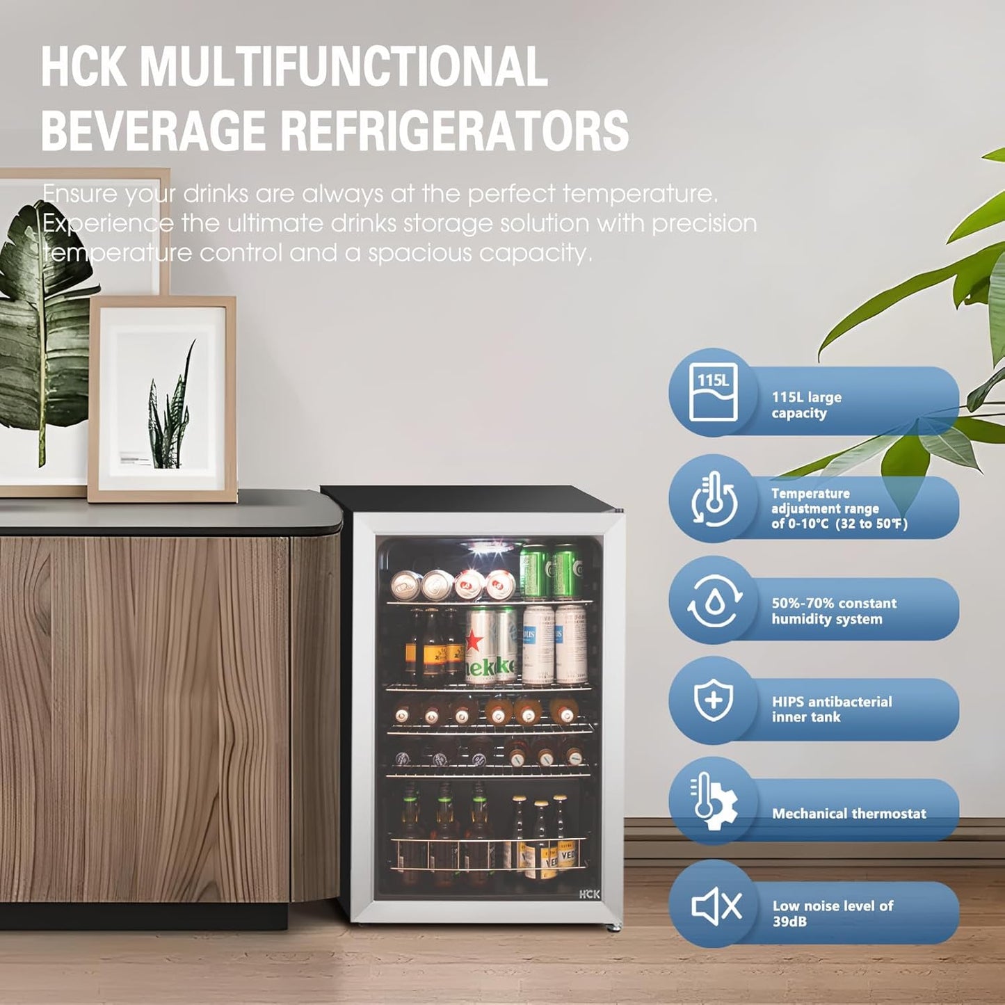 Beer Fridge 115L Freestanding Beverage Refrigerator with Double Glazed Glass Door, Temperature from 0 to 10℃, Energy Class D