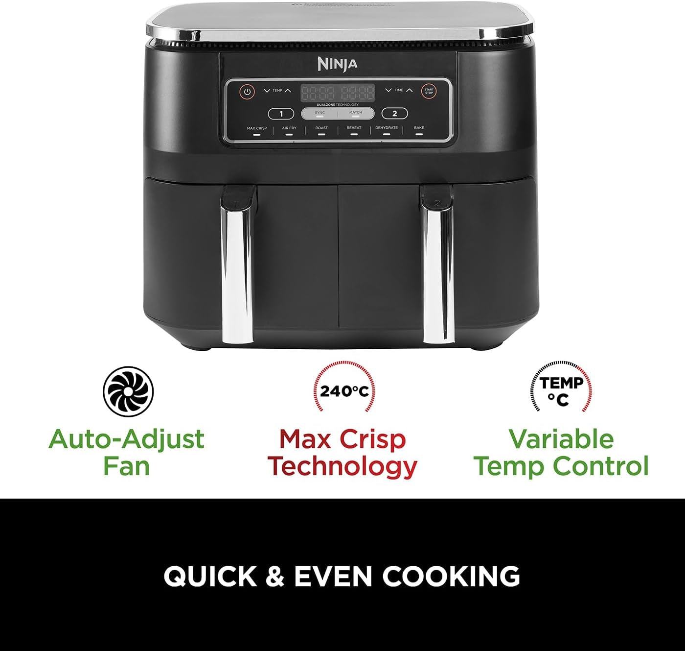 Foodi Dual Zone Digital Air Fryer, 2 Drawers, 7.6L, 6-In-1, Uses No Oil, Air Fry, Max Crisp, Roast, Bake, Reheat, Dehydrate, Cooks 4-6 Portions, Non-Stick, Dishwasher Safe Baskets, Black AF300UK