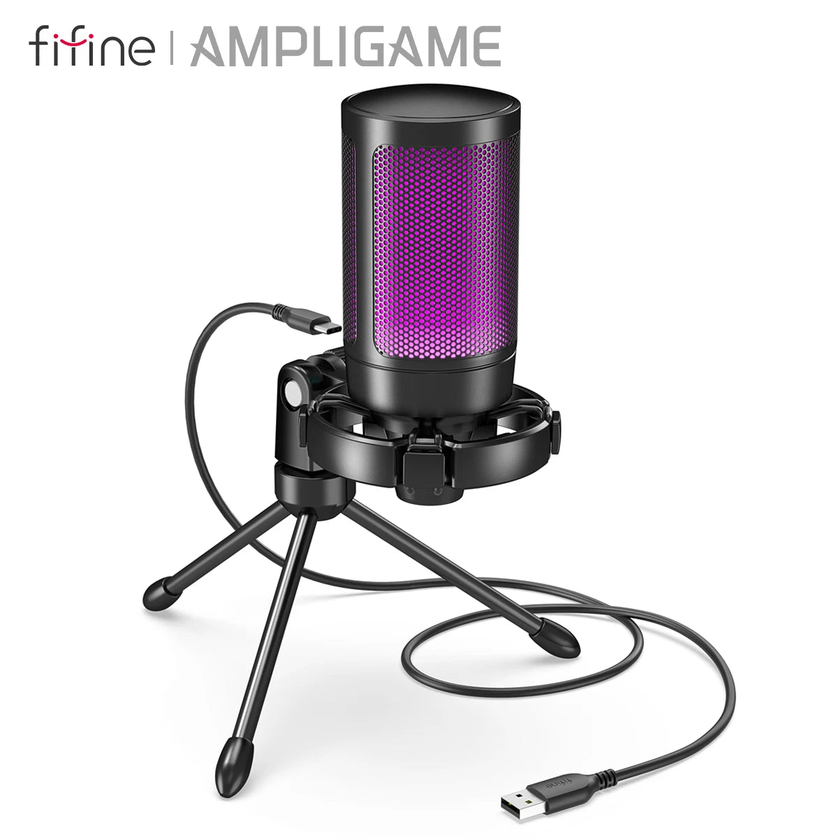 by FIFINE RGB USB Gaming Microphone with Light-Touch Mute,Condenser Mic with Tripod for Pc,Ps4/5,Laptop Streaming-A2