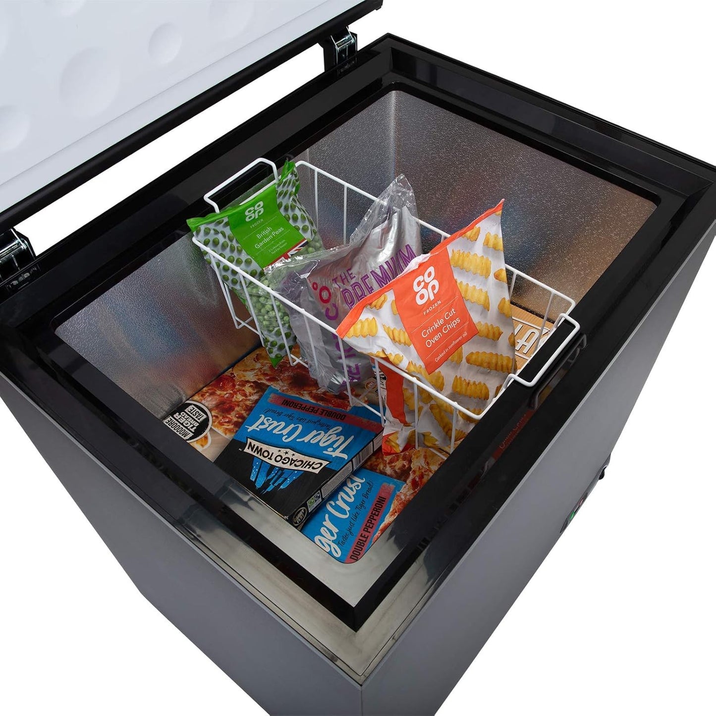 CHF200B-AMZ1 Black Freestanding Large Chest Freezer, 201L Capacity, 89.5Cm Wide, 4* Freezer Rating, 7 Temperature Settings, E Rated, 2 Years Parts and Labour Guarantee