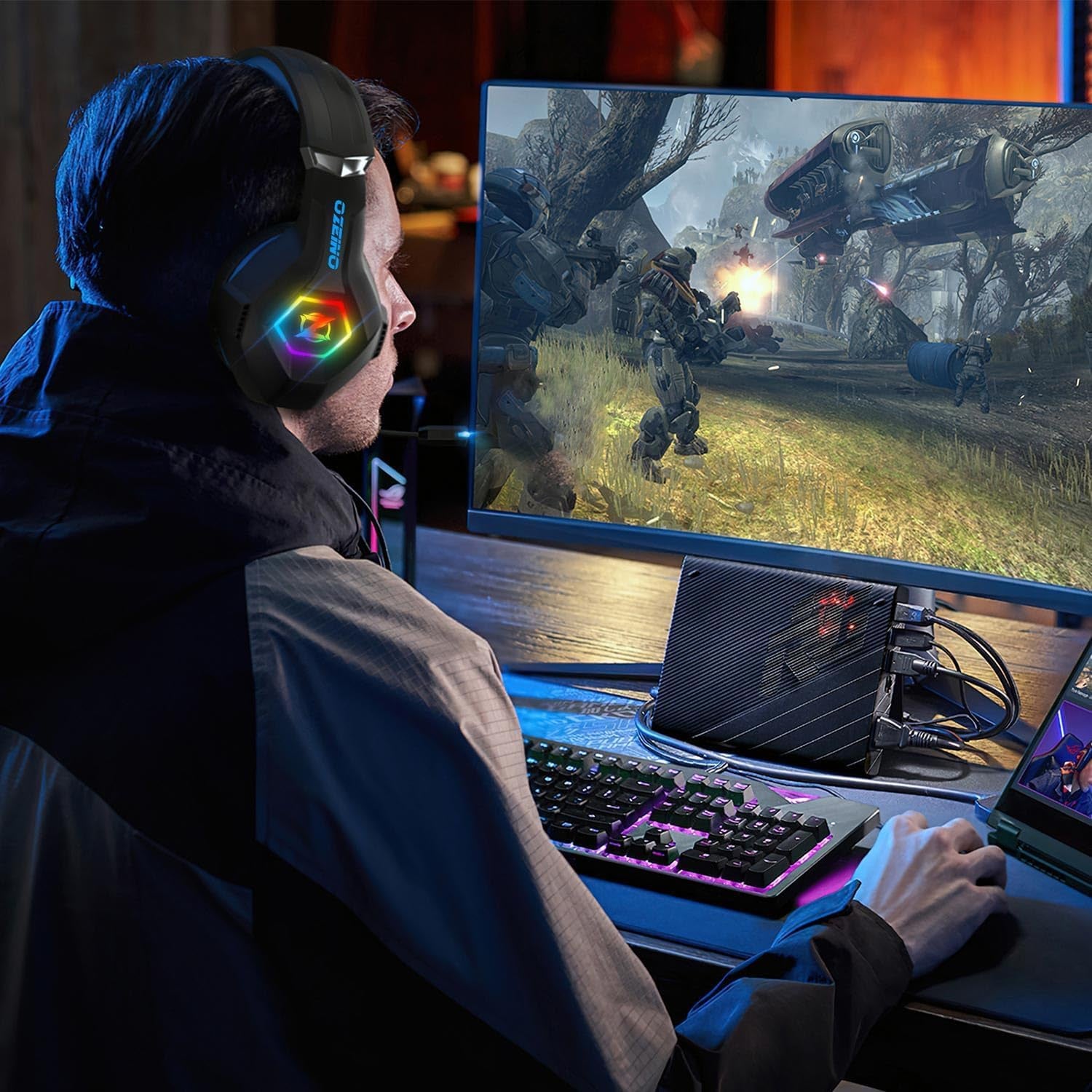 Gaming Headset Stereo Surround Sound Gaming Headphones with Breathing RGB Light & Adjustable Mic for PS4 PS5 PC Xbox One Laptop Mac