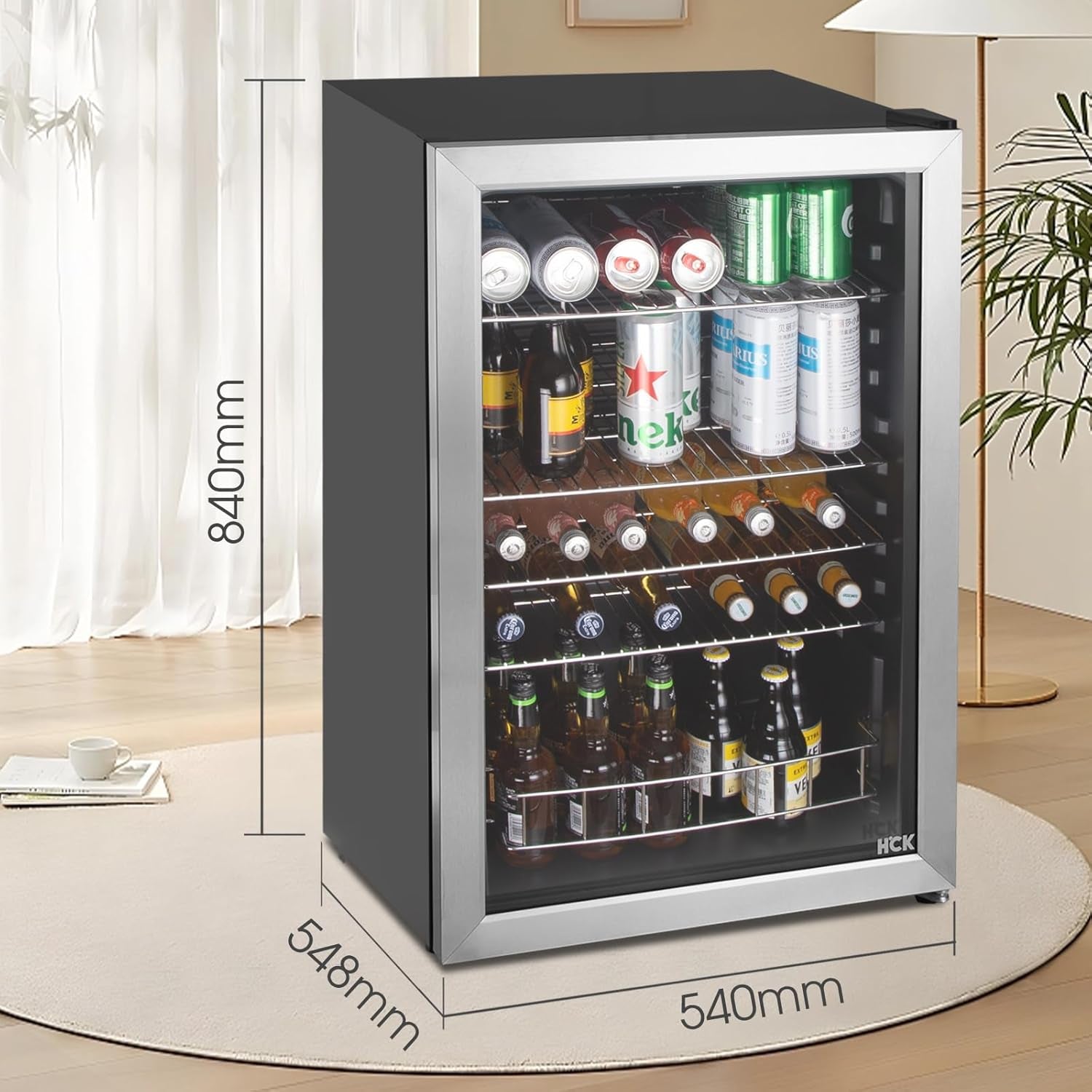 Beer Fridge 115L Freestanding Beverage Refrigerator with Double Glazed Glass Door, Temperature from 0 to 10℃, Energy Class D