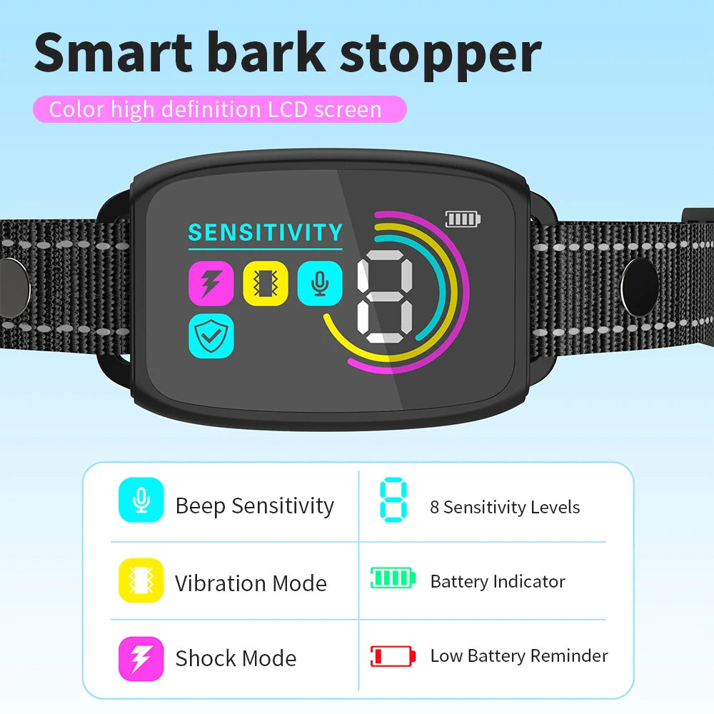 Smart Automatic Anti Barking Dog Collar Rechargeable Bark Stopper Stop Barking HD Digital Display IP67 Waterproof Collar For Dogs Pet Products - Sertex