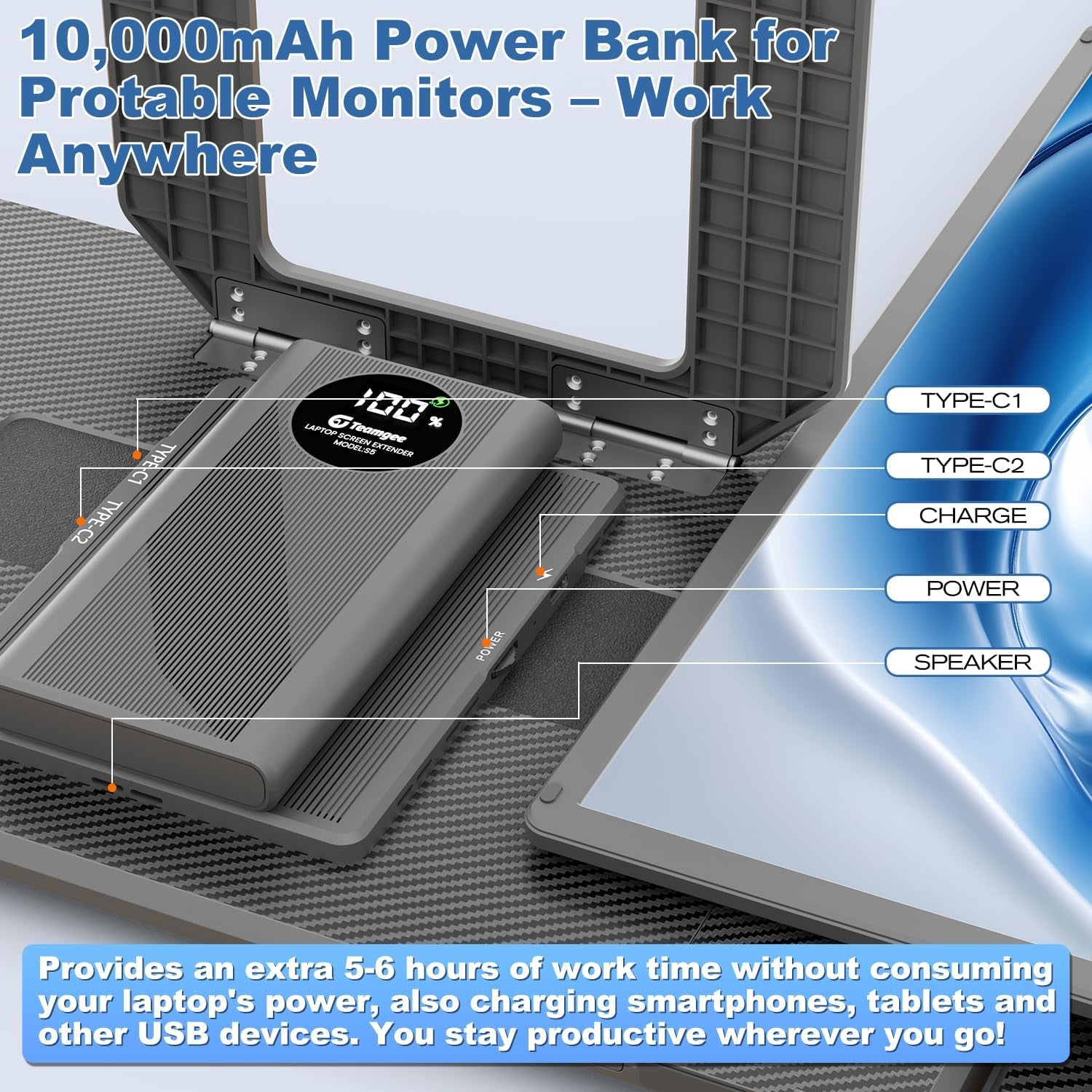 Laptop Screen Extender with 10000Mah Power Bank, 15.6" 1080P FHD IPS Portable Monitor for Laptop, Triple Display Work with 13.3" -17" PC Mac Windows Chrome