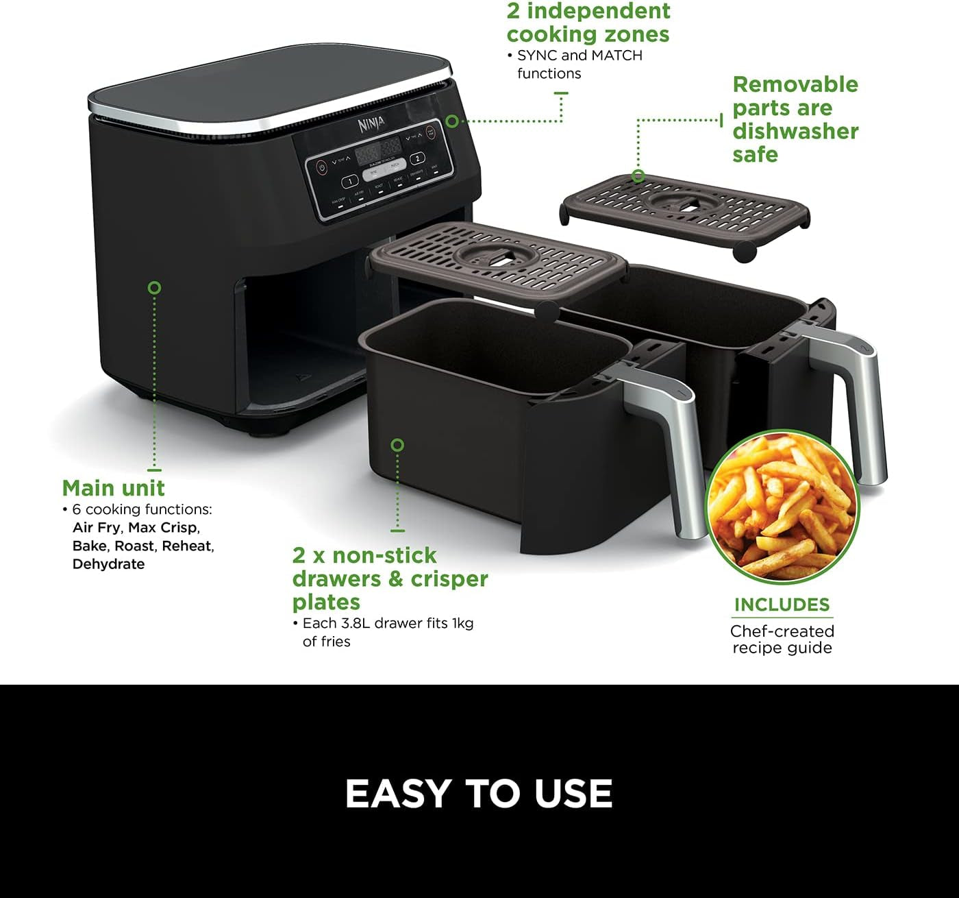 Foodi Dual Zone Digital Air Fryer, 2 Drawers, 7.6L, 6-In-1, Uses No Oil, Air Fry, Max Crisp, Roast, Bake, Reheat, Dehydrate, Cooks 4-6 Portions, Non-Stick, Dishwasher Safe Baskets, Black AF300UK