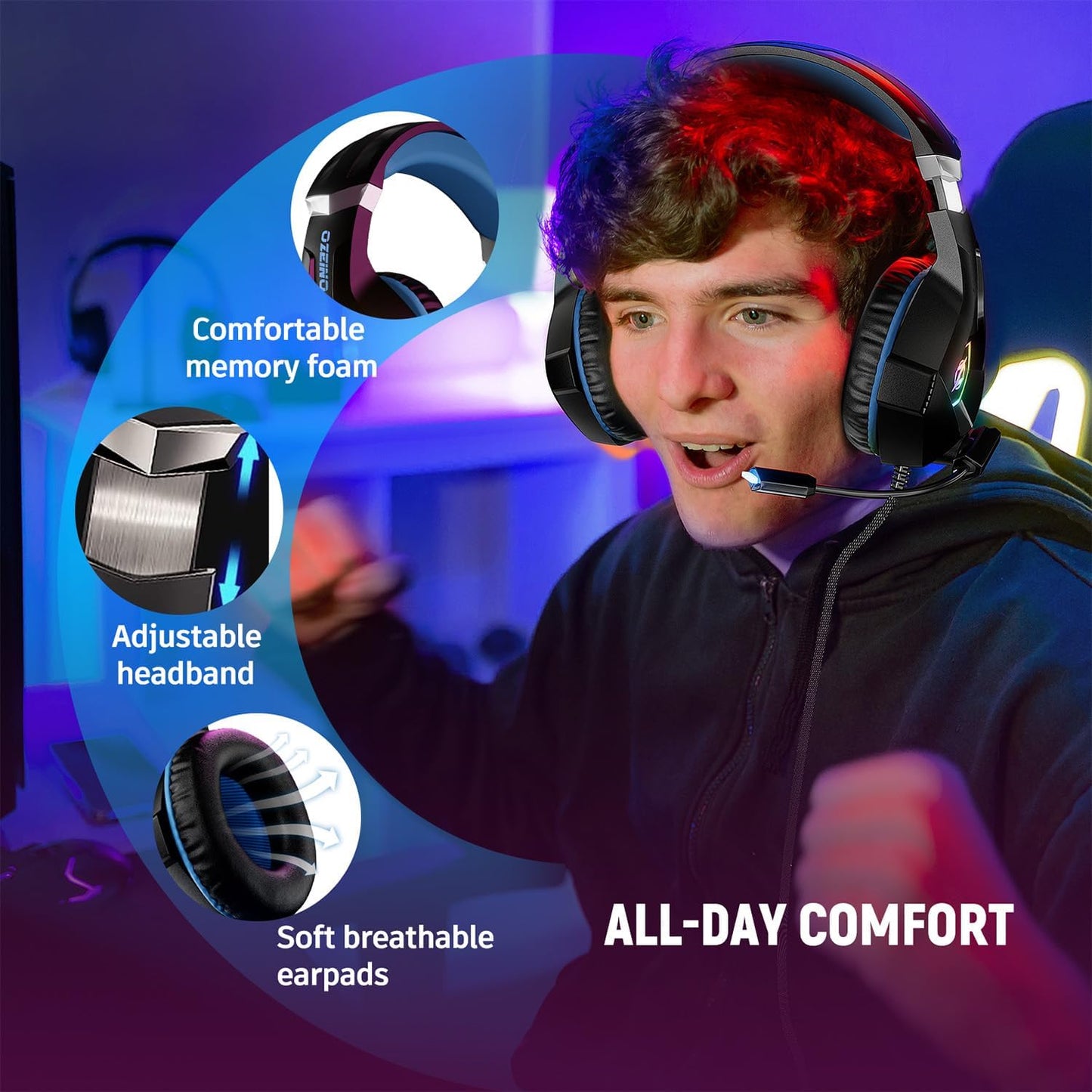 Gaming Headset Stereo Surround Sound Gaming Headphones with Breathing RGB Light & Adjustable Mic for PS4 PS5 PC Xbox One Laptop Mac