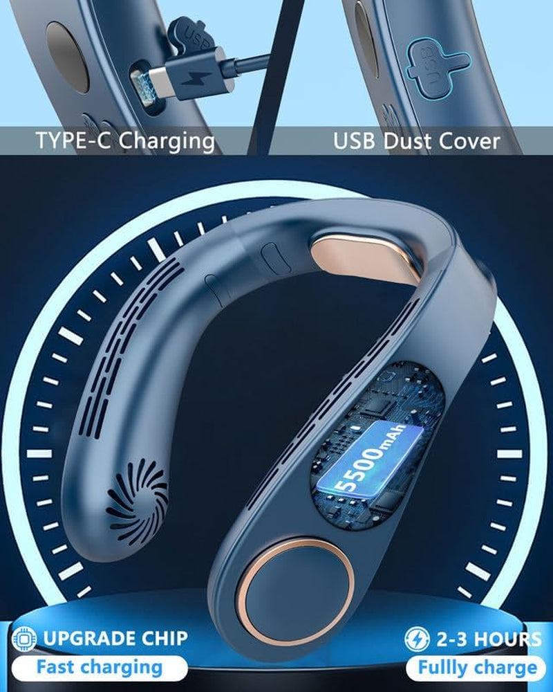 Rechargeable Neck Fan with Cooling Plate - 5500mAh Portable Bladeless Air Conditioner for Personal Use, Ideal for Women, Men, and Kids