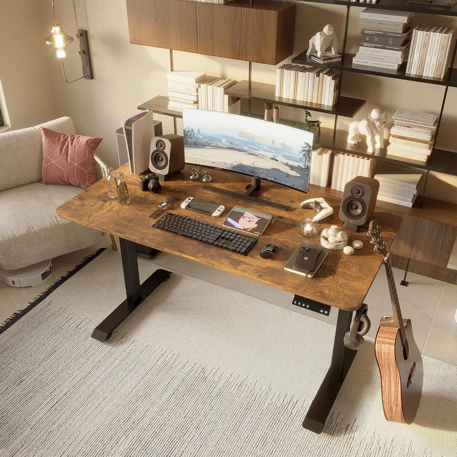 55" Electric Standing Desk,Height Adjustable Home Office Sit Stand up Computer PC Table,Tall Standup Workstation, Gaming Writing Study Bedroom Rising Desks,Brown