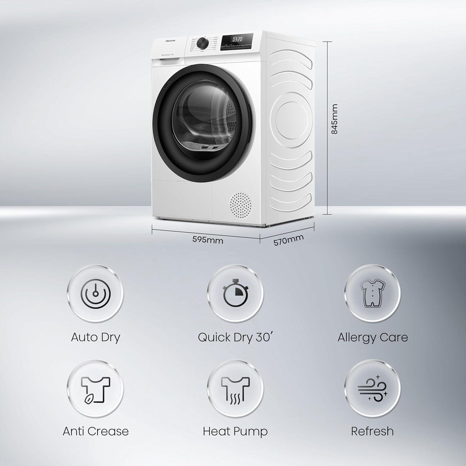 DH1Q802BW2 60Cm Freestanding 8 KG Heatpump Front Load Tumble Dryer, 16 Programmes, Auto Dry, Steam Refresh, Allergy Care - White
