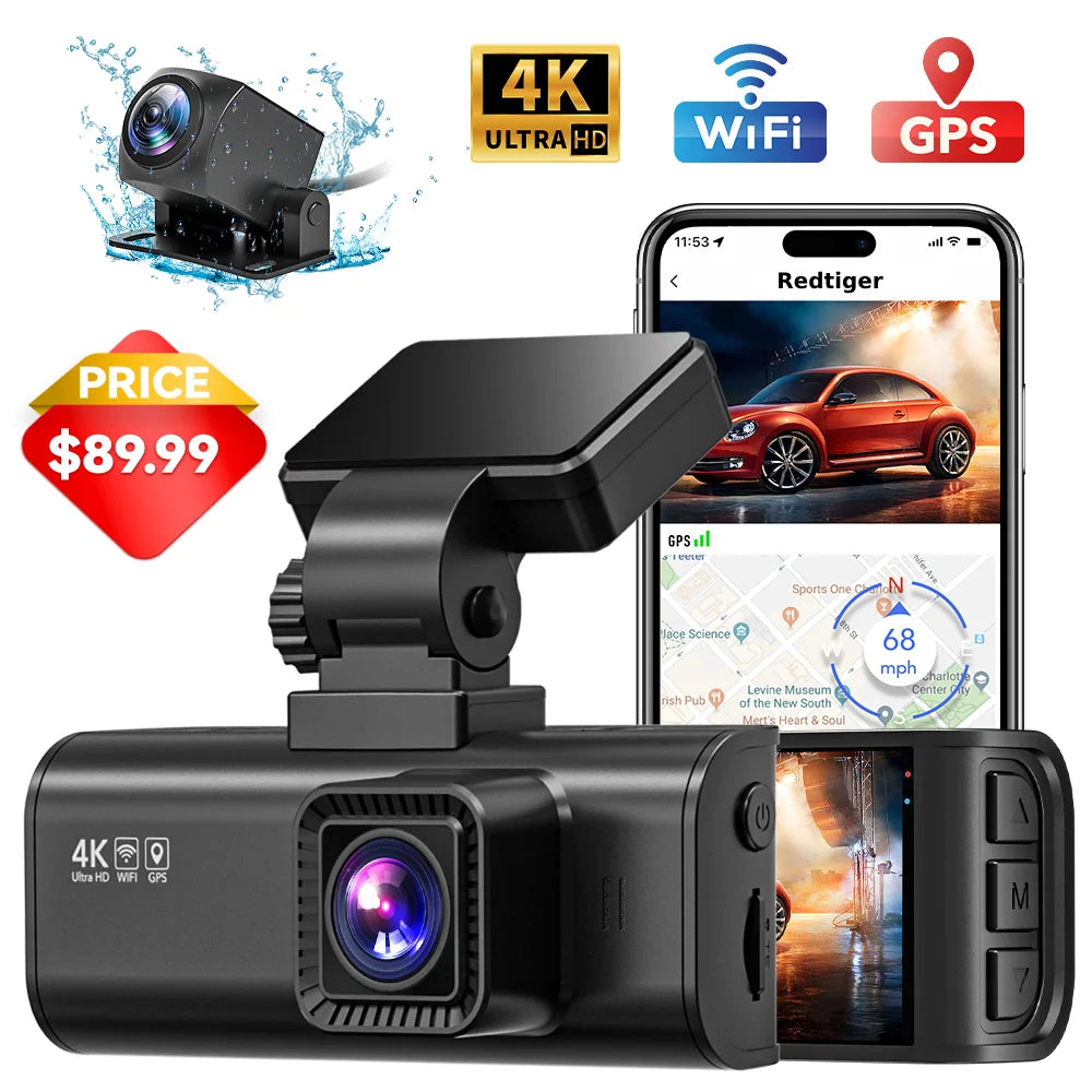Dash Cam Front and Rear, Dash Cam 4K with Wifi & GPS, 4K/2.5K Front+1080P Rear Dashcam, Dash Camera with Night Vision, 3.18'' LCD Screen, Loop Recording, Black