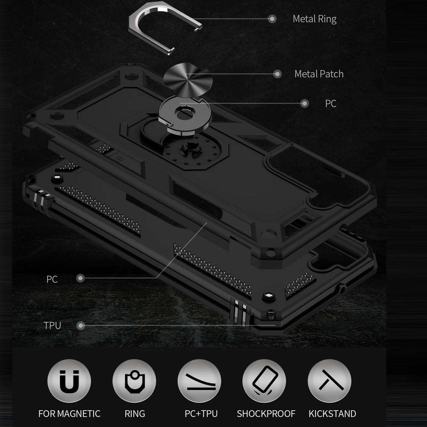 for Samsung Galaxy S22 plus Ring Case, Kickstand Rugged Phone Cover Magnetic Car Mount Compatible - Black