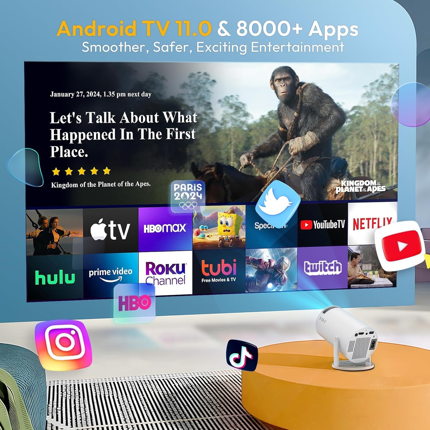 [2025 Upgraded & Android 11.0] Mini Projector Native 720P HD, Supports 4K 1080P,  Gimbal 3 Portable Projector 12000 Lumen, Wifi 6, Bluetooth, Auto Keystone, Video Projector for Home Cinema