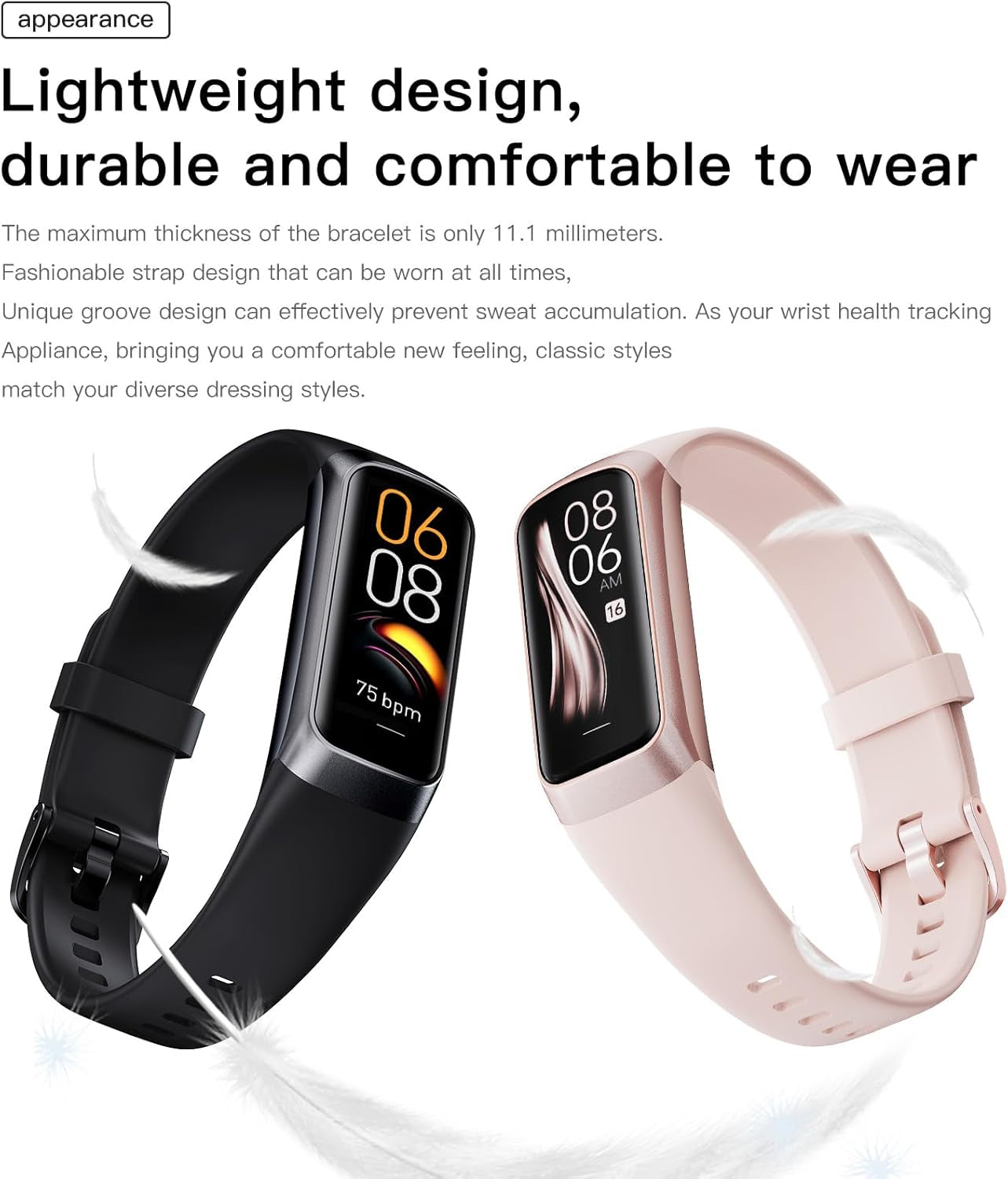 Health and Fitness Tracker for Men and Women, AMOLED Display, Compatible with Android and iOS, Features Alarm, Stopwatch, Blood Pressure Monitor, Calorie Tracking, and IP68 Waterproof Rating