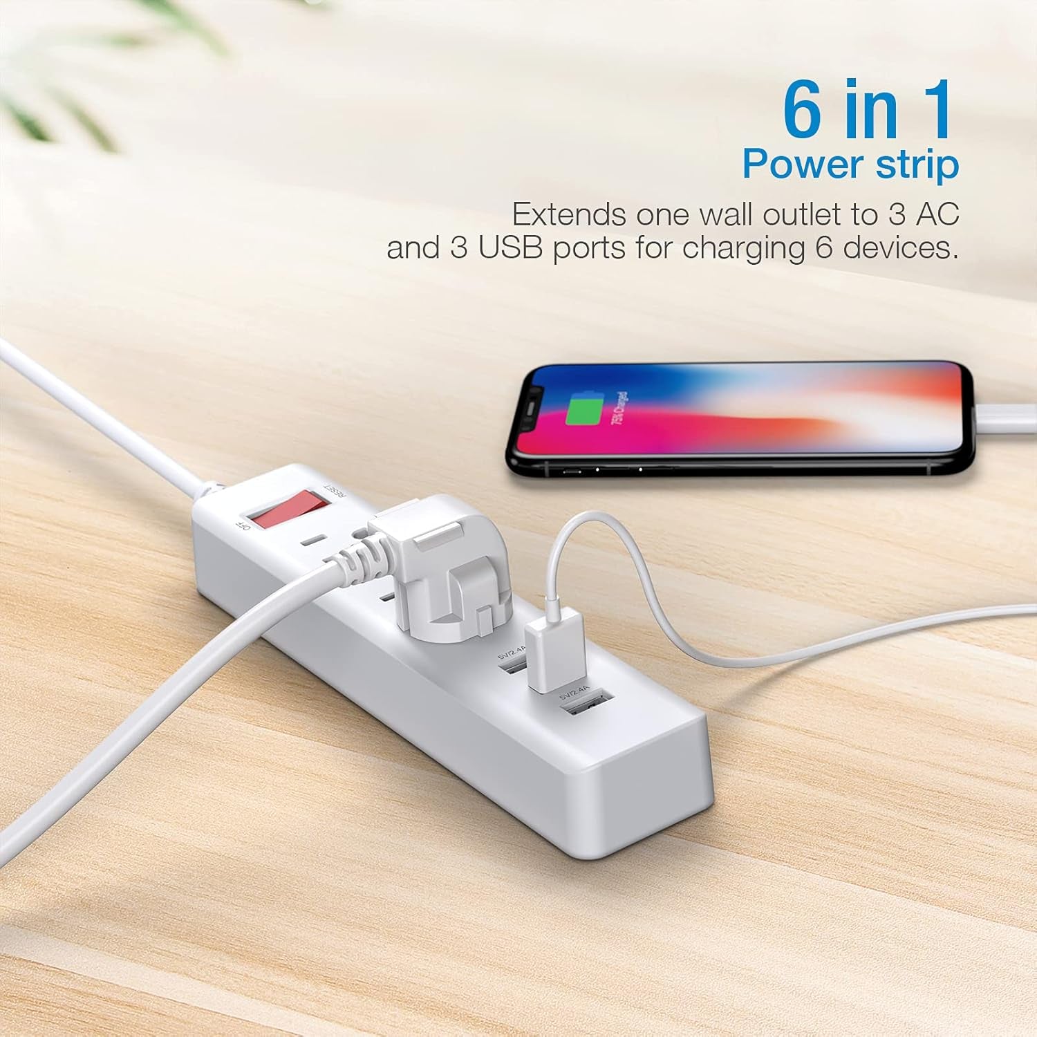Power Strip 3 Outlets with 3 Fast Charging USB Ports, 5Ft Extension Cord with USB Ports (5V/2.4AX3) for Indoor,1625W/13A (1 PCS)
